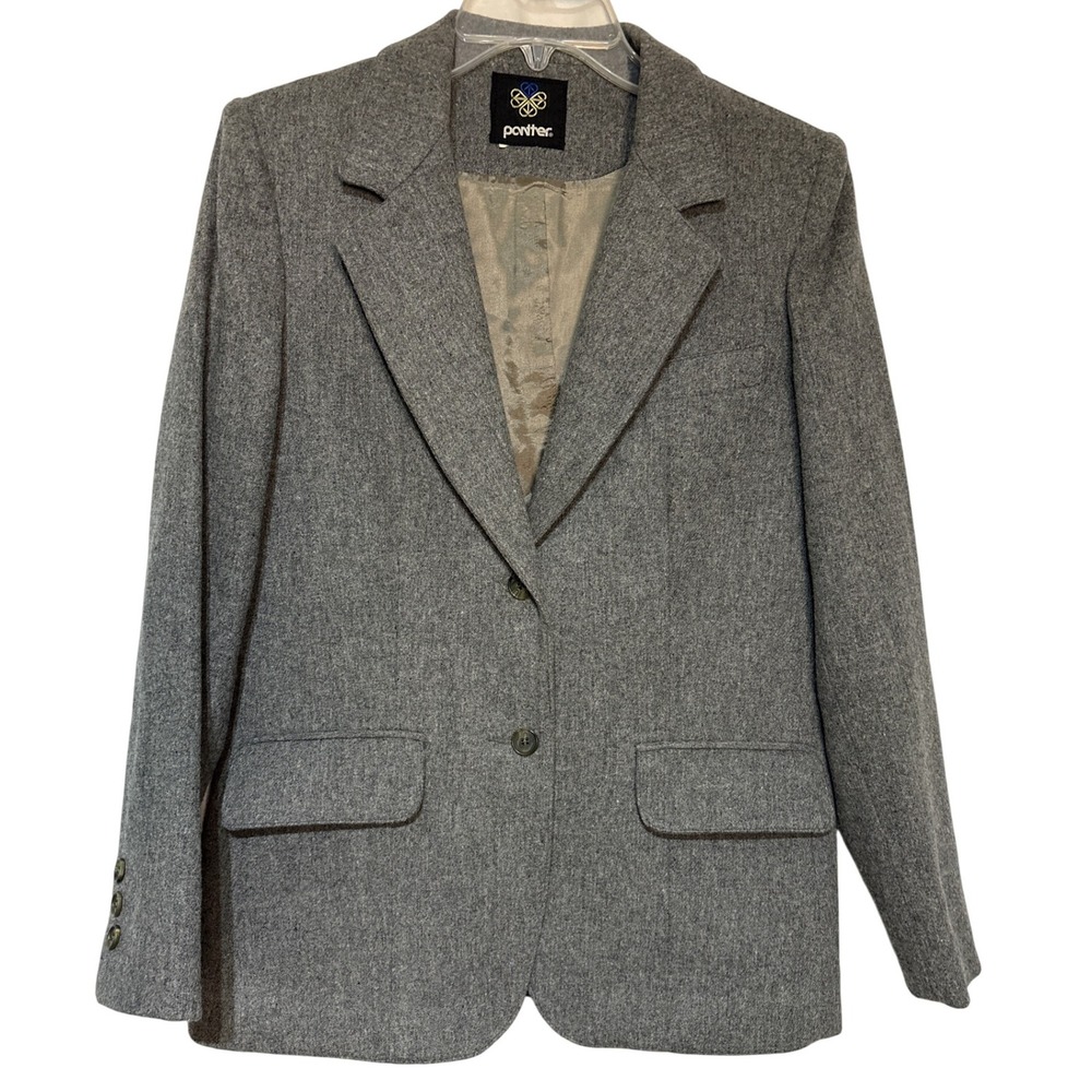 Powder Womens Size M Grey Herringbone‎ 100% Pure Wool Blazer Jacket